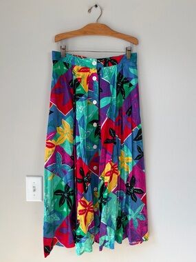 Vintage 80s/90s Chaus Colorful Abstract Floral Print Button Front Long Skirt